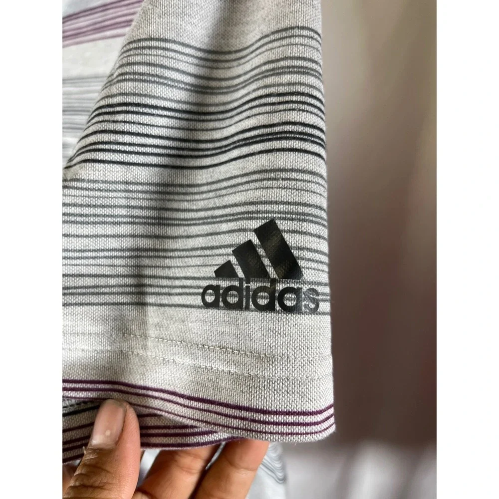 Adidas Golf Mens Large Gray Burgundy Striped Short Sleeve Performance Polo Shirt
